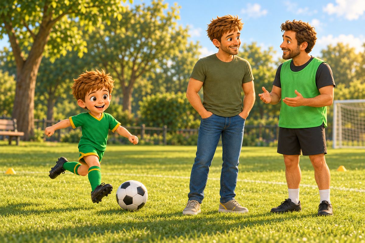 A dad chatting with a friendly coach at the edge of a pitch while the boy kicks a ball nearby.