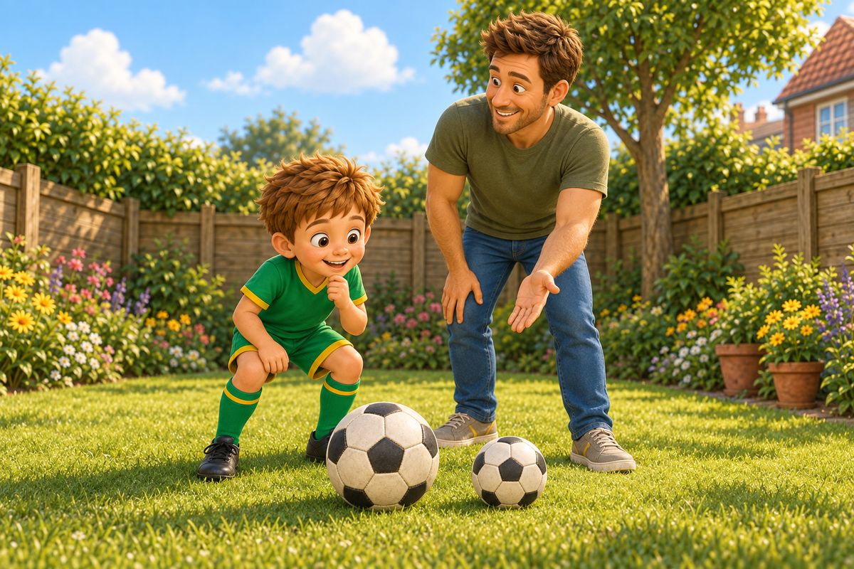 A dad and boy in the garden with two footballs of visibly different sizes at their feet, the boy choosing between them