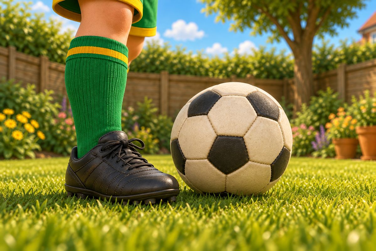 A close-up of a boy's foot next to a football resting on the grass, sized naturally against his boot