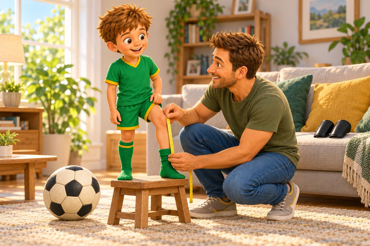A dad measures his boy's shin from just below the knee to the ankle bone with a soft tape.