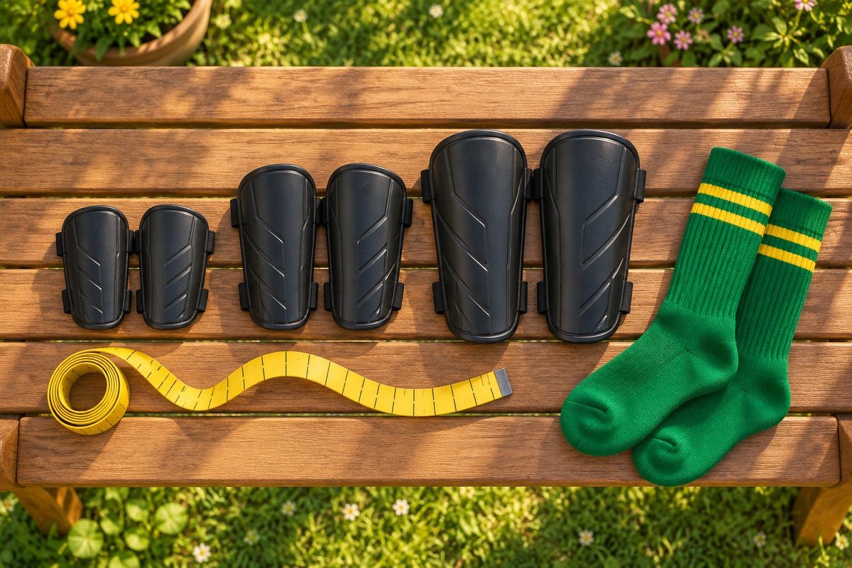Three shin pad sizes laid out smallest to largest beside a soft tape measure.