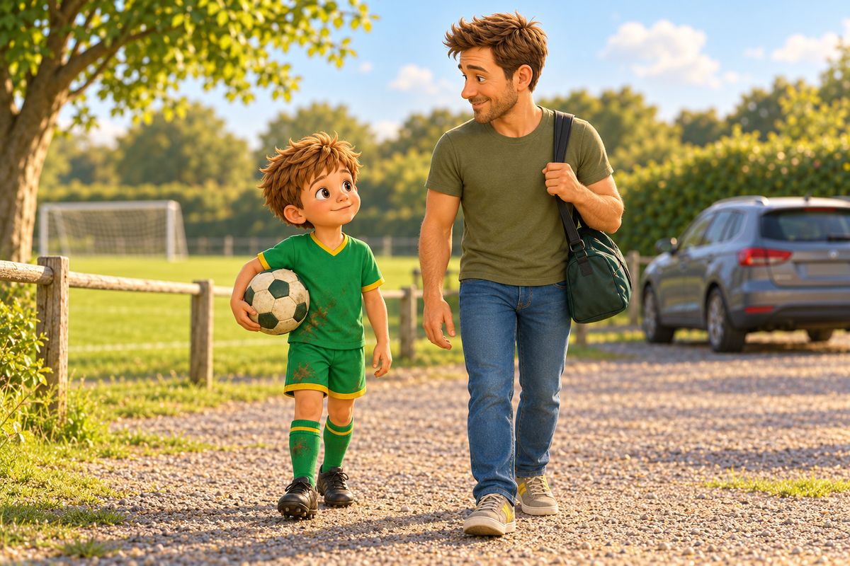 A dad carrying a kit bag walks beside a boy holding his ball along a path away from a small grass pitch toward a family car.