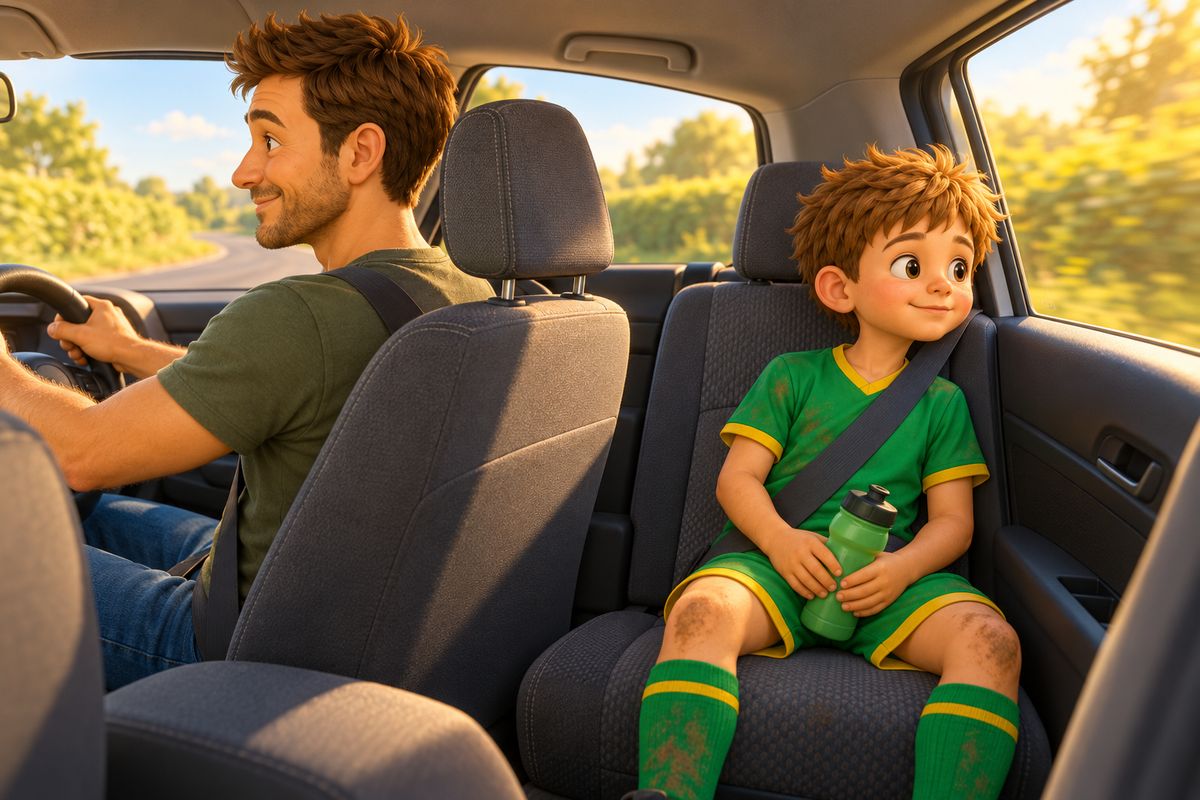 Inside a family car a boy sits in the back seat with his seatbelt on while his dad drives with his eyes on the road and a gentle smile.
