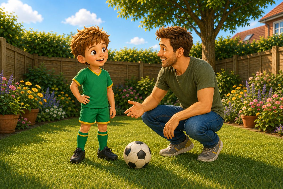 A dad crouched to a boy's height in a UK back garden saying one short thing while the football sits still on the grass between them