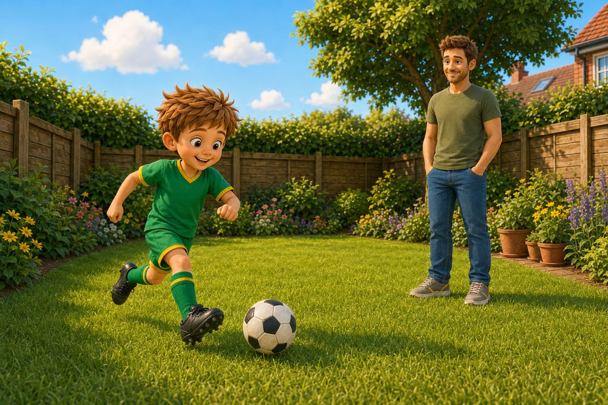A boy dribbling a football across a garden lawn while a grown-up stands back a few steps, hands in pockets, saying nothing