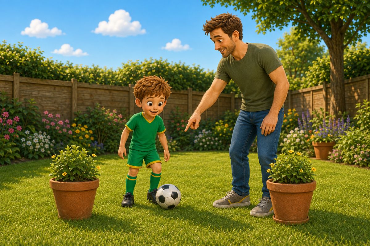 A grown-up pointing at the gap between two terracotta plant pots on a lawn while a boy looks at the gap with a football at his feet