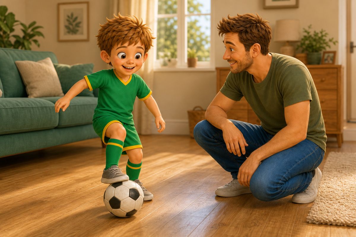 A boy taking a heavy, flat-footed touch on a football on a hard living room floor while dad crouches nearby watching his feet with a curious, thoughtful expression