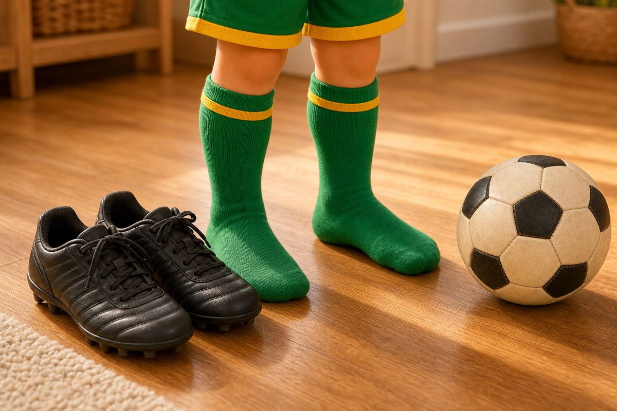 A pair of trainers next to a pair of socked feet beside a football on a hard indoor floor, showing the footwear swap that quietens dribbling