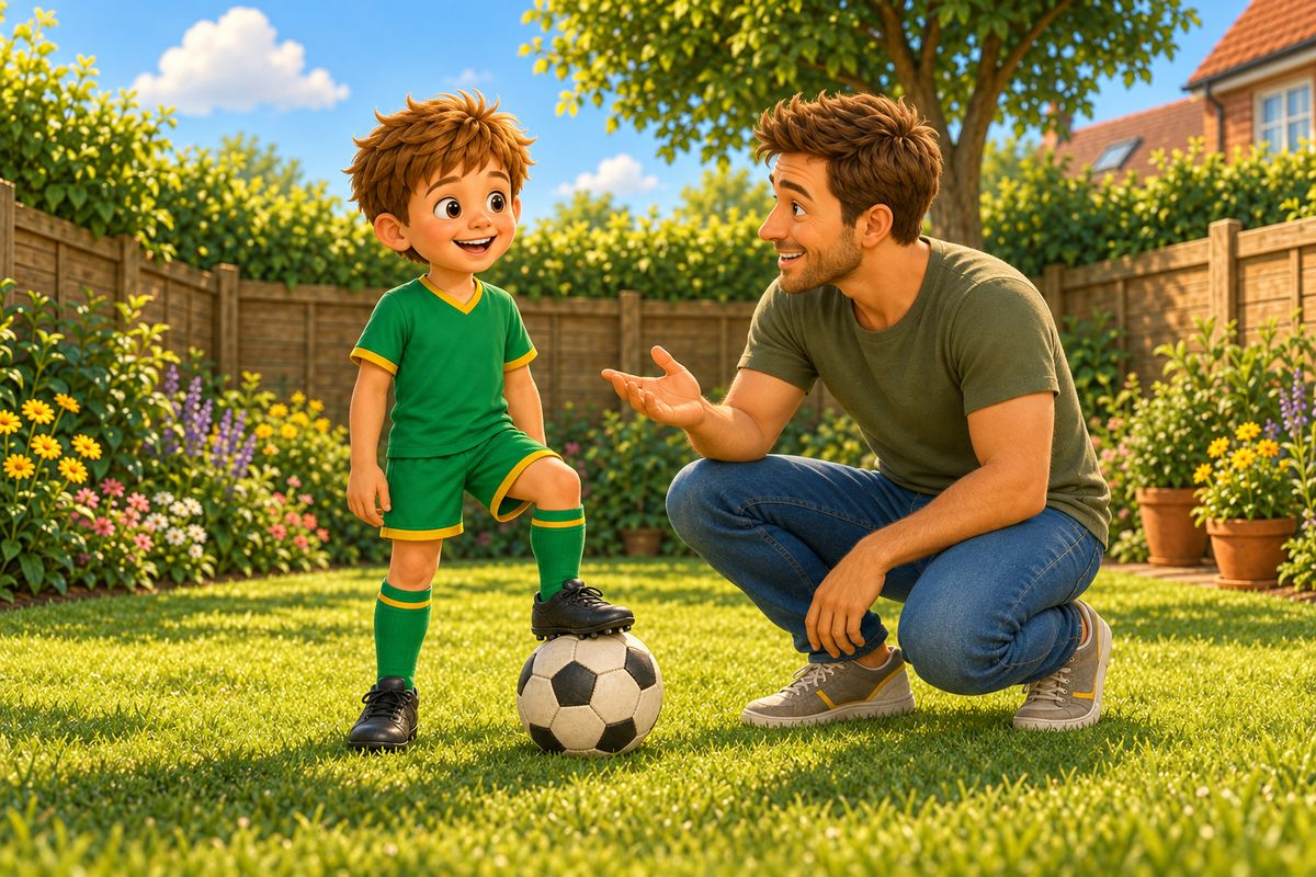 A boy stands on a garden lawn with one foot resting on a football and his arms relaxed by his sides while his dad crouches beside him with one open hand raised as if explaining.