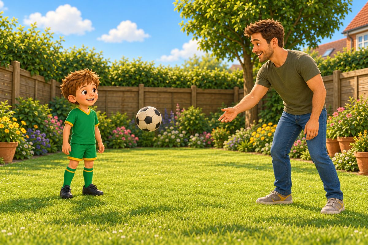 In a garden a dad gently tosses a soft ball underarm towards a boy who stands relaxed with his arms hanging by his sides, both smiling.