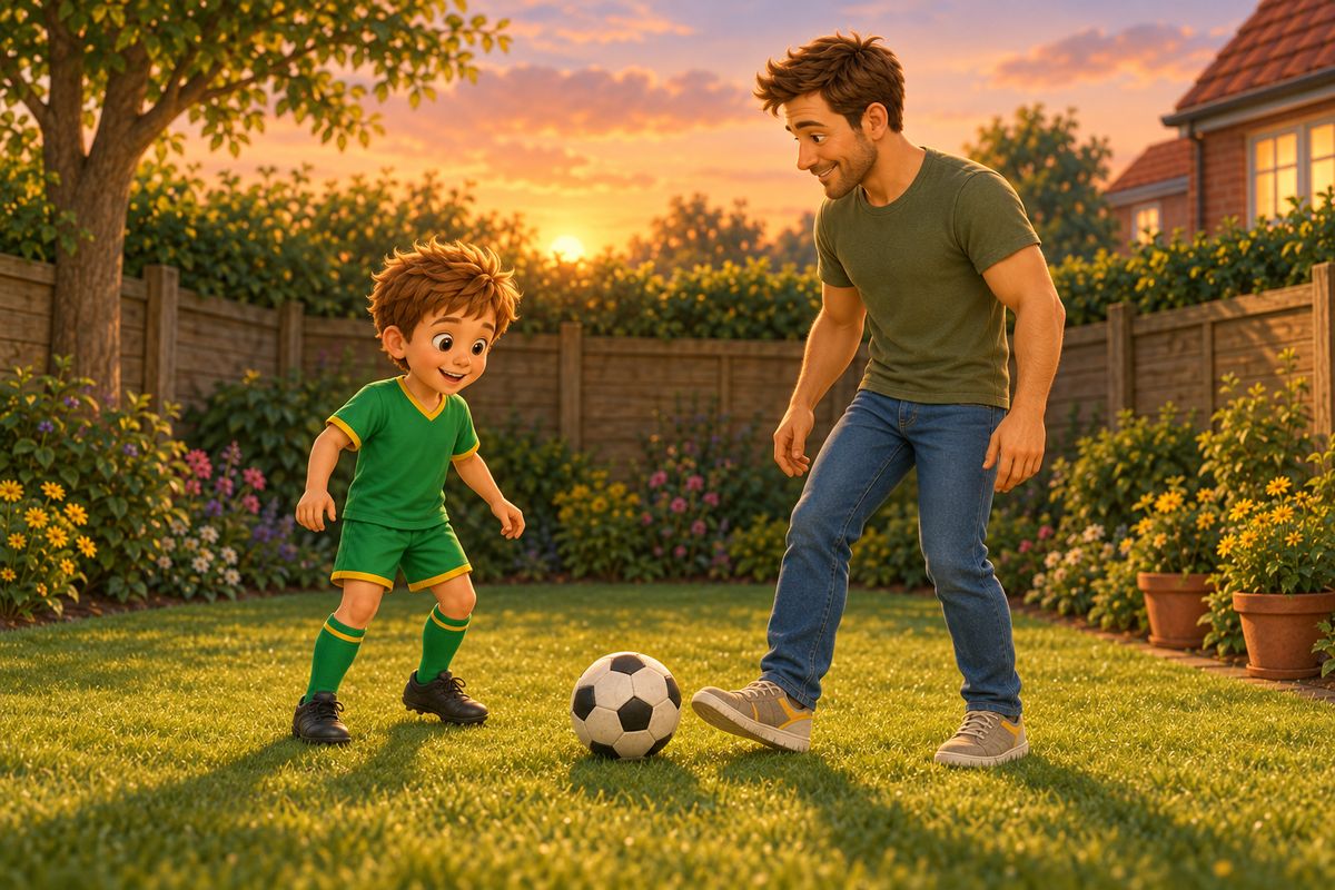 A dad and boy standing a few feet apart at dusk, softly rolling a football back and forth at a slow, unhurried pace in a cosy UK back garden
