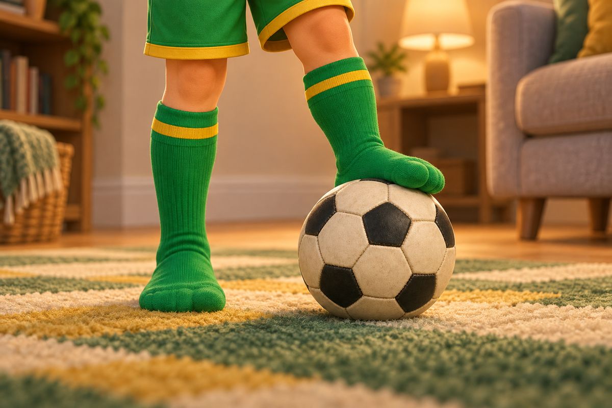 Close-up of a boy's sock feet gently stopping a football on a living room rug in warm, soft lamp-lit evening light