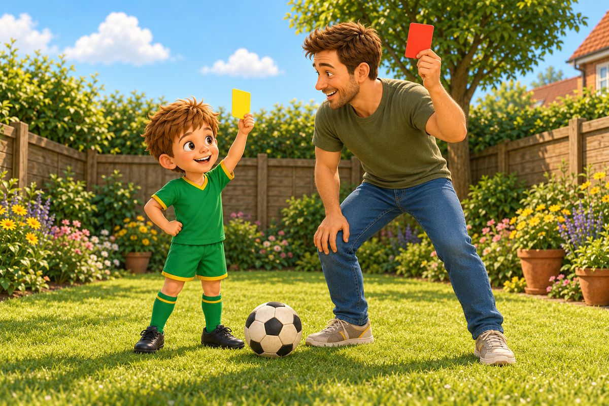 A dad and boy play referee in the garden with a blank yellow card and a blank red card.