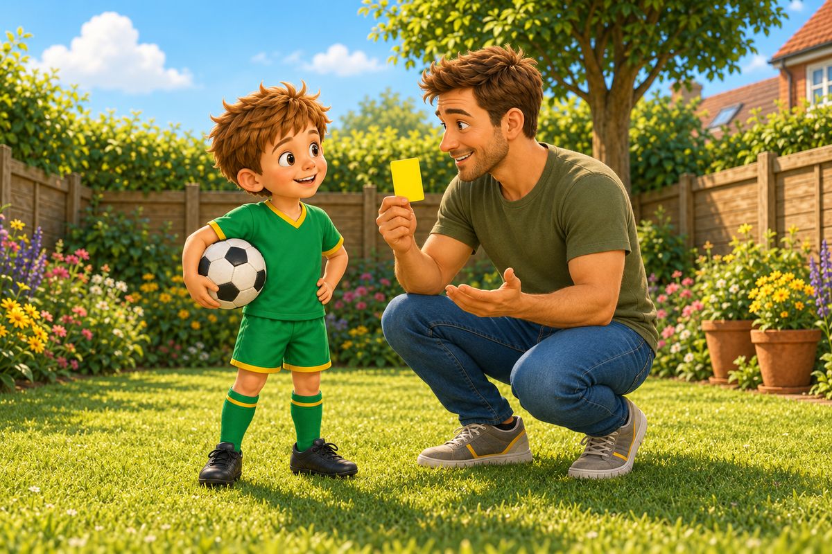 A dad shows his boy a yellow card as a friendly warning, the ball under the boy's arm.