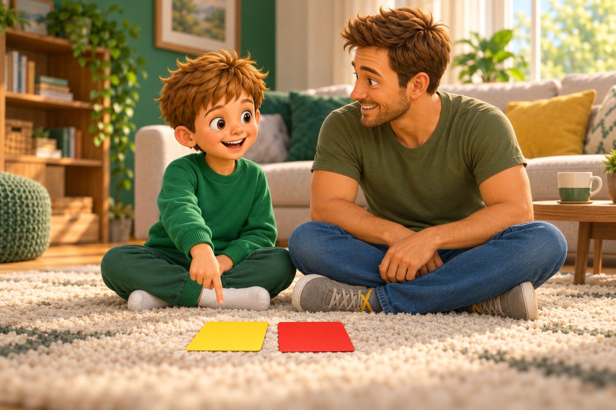 A boy and his dad lay a yellow card and a red card side by side on the rug to talk it through.