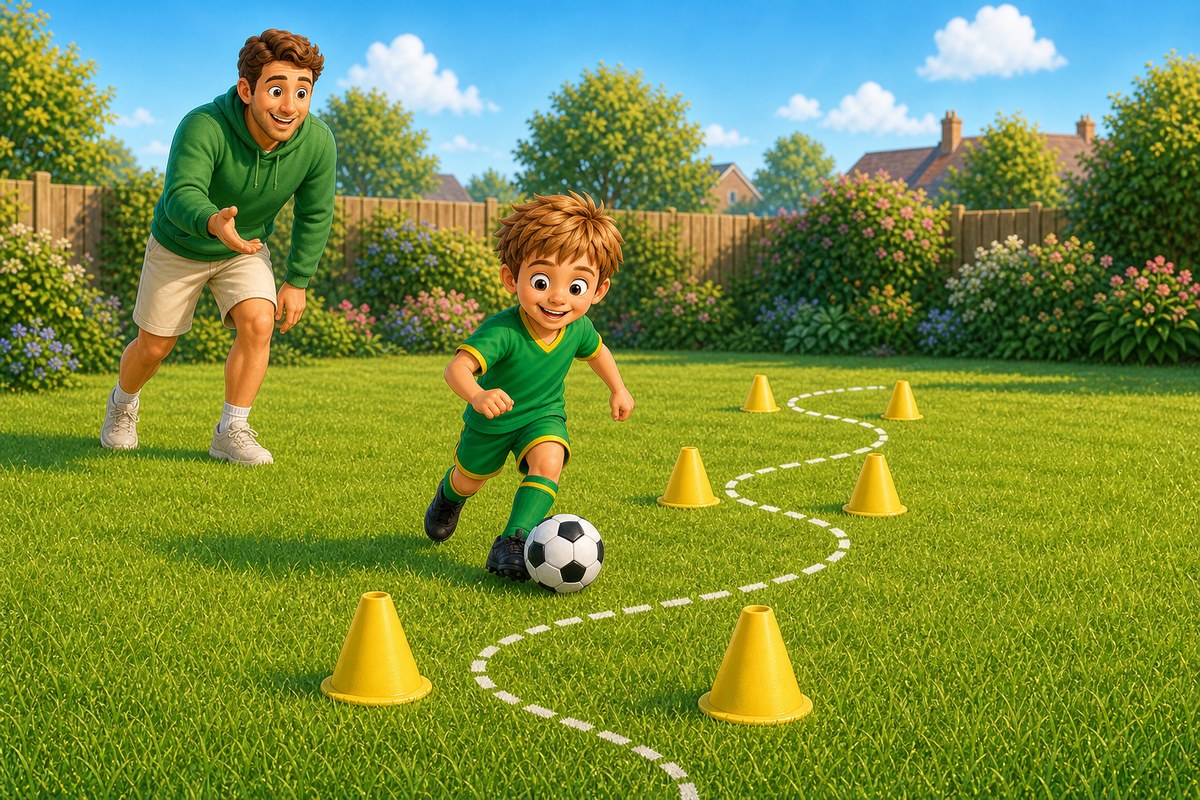 Cartoon boy weaving a football through three yellow cone gates with a dashed path curving through the route, Dad encouraging from the side